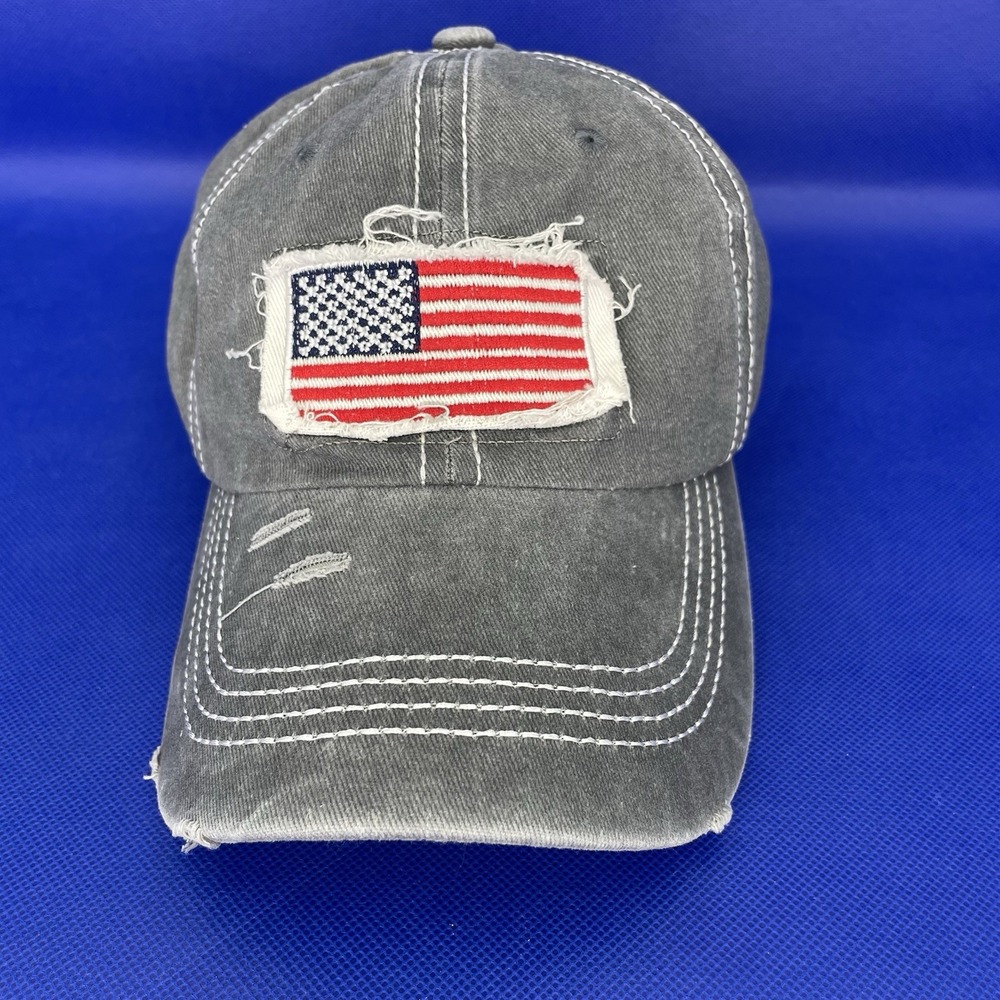 Gray Ponytail Baseball Cap with American Flag Patch - Picture 2 of 9